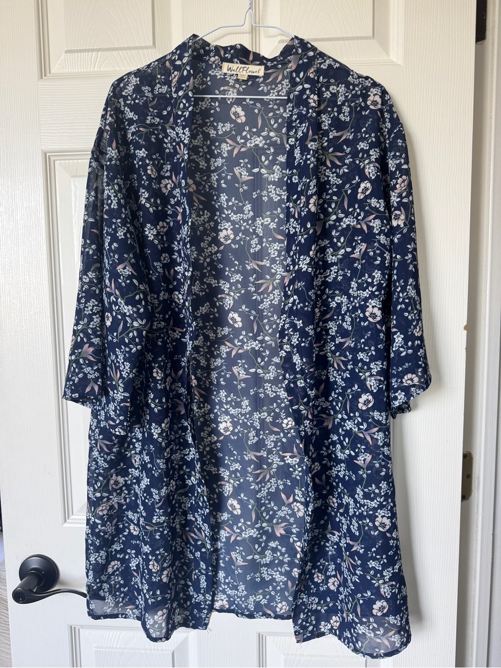 Wallflower Navy Floral Sheer Open-Front Kimono Cardigan Size Medium